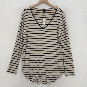 Gap Shirt Womens XL Beige Oatmeal Stripe V Neck Tunic Top Long Sleeve Rayon NWT